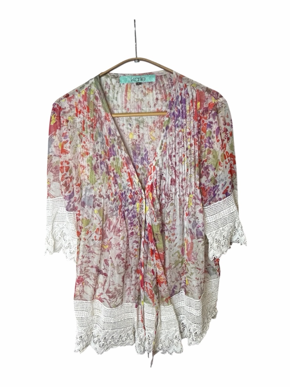 Karlie Multicolor Floral Crochet-Edge Tie-Front Tunic/Kimono. Boho Chic.